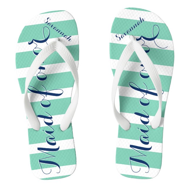 Personalized Maid of Honor Navy and Mint Flip Flops (Footbed)