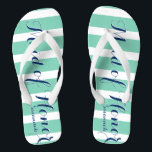 Personalized Maid of Honor Navy and Mint Flip Flops<br><div class="desc">Navy Blue and Mint Stripes Pattern - Change to Any Color by clicking customize. And say anything you want.  Make these one of a kind flip flops that have YOUR message on them.  Be the talk of the beach!</div>