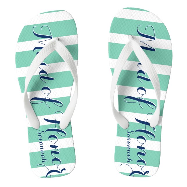 Personalized Maid of Honor Navy and Mint Flip Flops (Footbed)