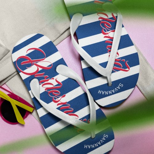 Personalized Maid of Honor Navy and Pink Flip Flops