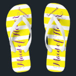 Personalized Maid of Honor Purple Yellow Any Color Flip Flops<br><div class="desc">Yellow and White Stripes Pattern Purple Kiss Font - Change Yellow and Plum to Any Color by clicking customize. And say anything you want.  Make these one of a kind flip flops that have YOUR message on them.  Be the talk of the beach!</div>