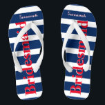 Personalized Maid of Honor Red White Blue Flip Flops<br><div class="desc">Mustard  Red White and Blue Stripes Pattern - Change to Any Color by clicking customize. And say anything you want.  Make these one of a kind flip flops that have YOUR message on them.  Be the talk of the beach!</div>