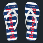 Personalized Maid of Honor Red White Blue Flip Flops<br><div class="desc">Mustard  Red White and Blue Stripes Pattern - Change to Any Color by clicking customize. And say anything you want.  Make these one of a kind flip flops that have YOUR message on them.  Be the talk of the beach!</div>