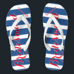 Personalized Maid of Honor Red White Blue Flip Flops<br><div class="desc">Mustard  Red White and Blue Stripes Pattern - Change to Any Color by clicking customize. And say anything you want.  Make these one of a kind flip flops that have YOUR message on them.  Be the talk of the beach!</div>