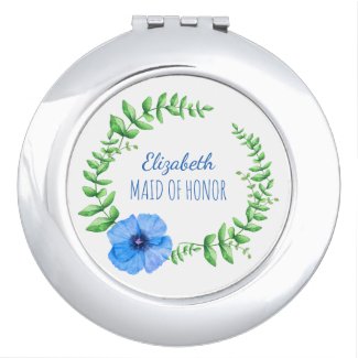 Personalized Maid of Honor Wreath Blue Floral Compact Mirror