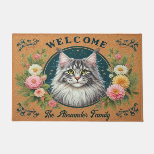 Personalized Maine Coon Cat Stylish Floral Welcome Doormat