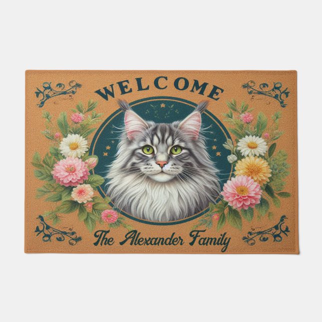 Personalized Maine Coon Cat Stylish Floral Welcome Doormat (Front)