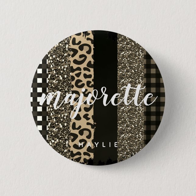 Personalized Majorette Faux Cheetah and Glitter Button (Front)