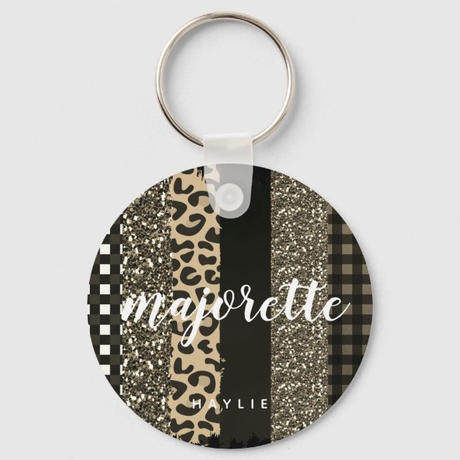Personalized Majorette Faux Cheetah and Glitter Keychain (Front)