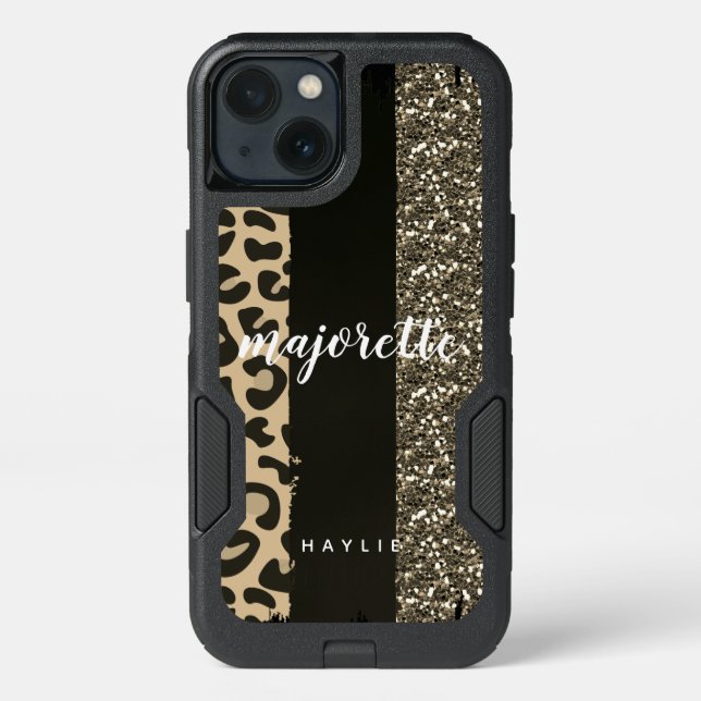 Personalized Majorette Faux Cheetah and Glitter Otterbox iPhone Case (Back)