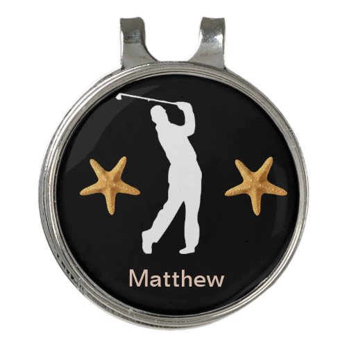 Personalized Male Golfer Silhouette with Starfish  Golf Hat Clip