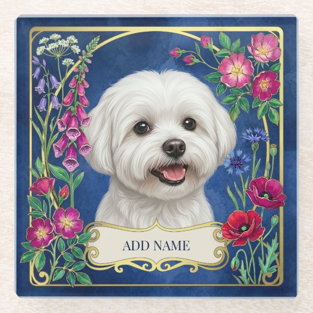 Personalized Maltese Dog Blue Floral Coaster (Front)