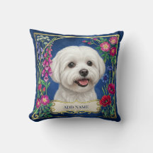 Personalized Maltese Dog Blue Floral Cushion