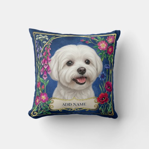 Personalized Maltese Dog Blue Floral Cushion