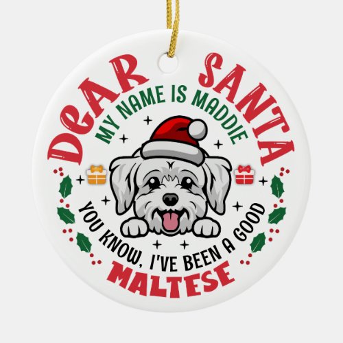 Personalized Maltese Dog Christmas Tree Round Ceramic Ornament