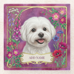 Personalized Maltese Dog Pink Glass Coaster