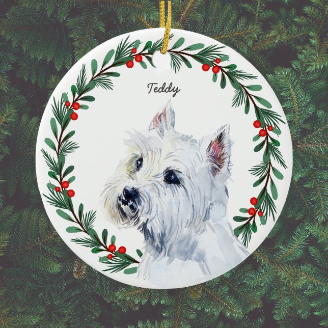 Personalized Maltese Dog Red Green Holiday Wreath Ceramic Ornament (Add name, or other short text, or delete name if not required.)
