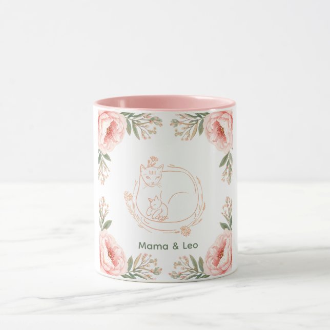Personalized Mama Cat & Kitten Floral Coffee Mug (Center)