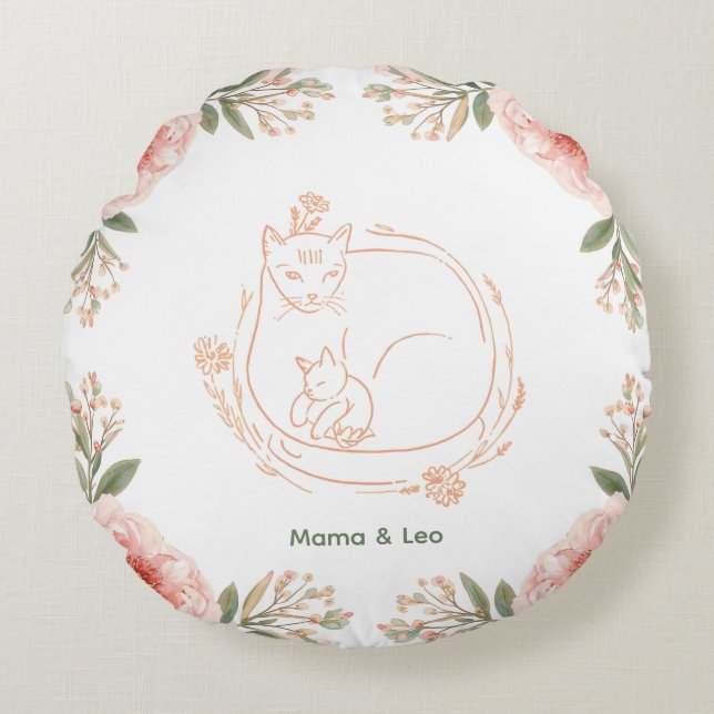 Personalized Mama Cat & Kitten Floral Pillow (Front)