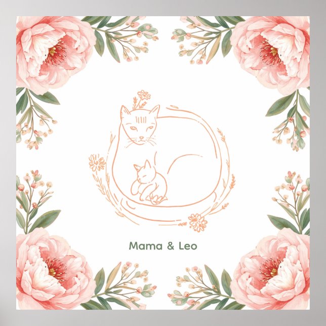 Personalized Mama Cat & Kitten Floral Poster (Front)