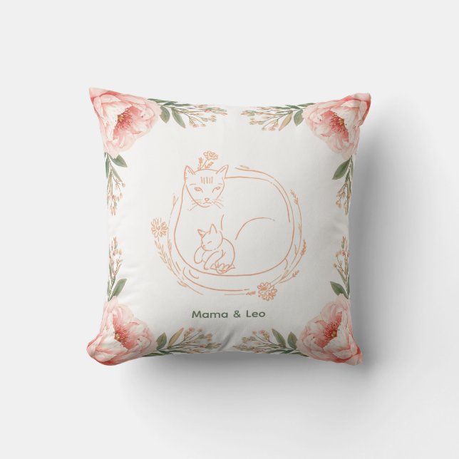 Personalized Mama Cat & Kitten Floral Throw Pillow (Front)