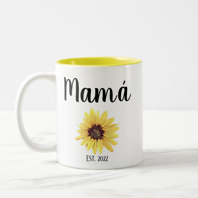Personalized Mamá Est. Painted Sunflower Two-Tone Coffee Mug (Left)