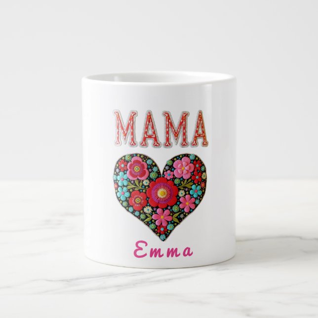 Personalized Mama Heart Floral Custom Gift Giant Coffee Mug (Front)