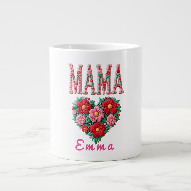 Personalized Mama Heart Floral Custom Gift Giant Coffee Mug (Front)
