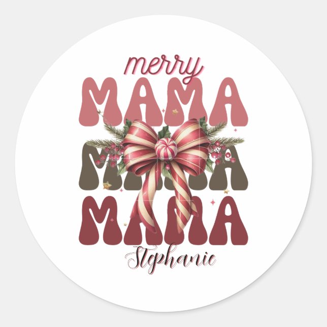personalized mama retro  Christmas bow  Classic Round Sticker (Front)