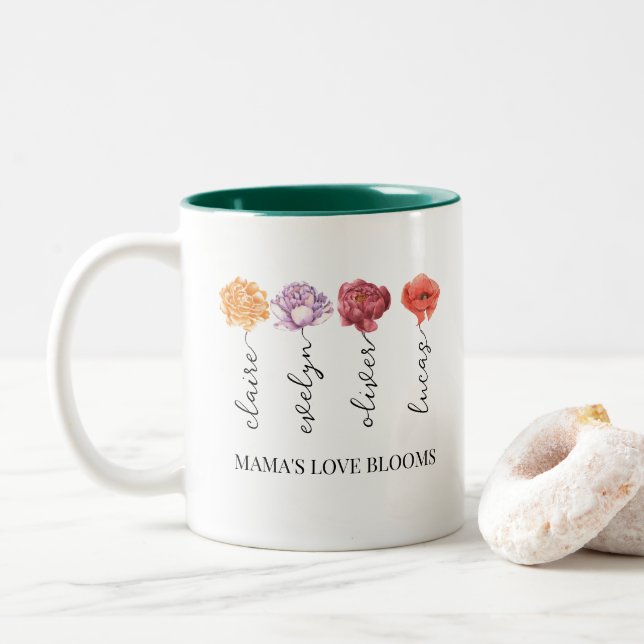 Personalized Mama's Love Blooms Birth Month Flower Two-Tone Coffee Mug (With Donut)