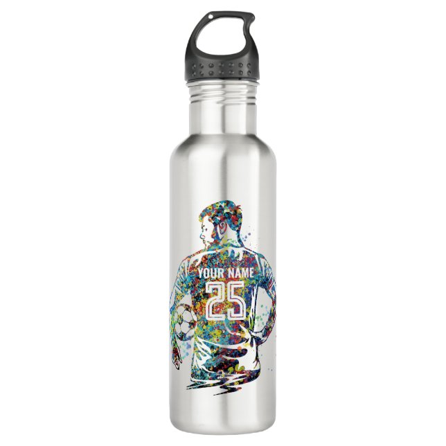 Personalized Man/Boy Soccer Player Stainless Steel Water Bottle (Front)