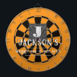 Personalized Man Cave Custom Bar Name Dart Board<br><div class="desc">Faux wooden background with monogram and family name in center of the board. Other colors available in the shop. This fun template lets you create your own personalized man cave "your name" whiskey or bbq backyard bar dart board sign. Unique fun gift</div>