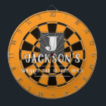 Personalized Man Cave Custom Bar Name Dart Board<br><div class="desc">Faux wooden background with monogram and family name in center of the board. Other colors available in the shop. This fun template lets you create your own personalized man cave "your name" whiskey or bbq backyard bar dart board sign. Unique fun gift</div>