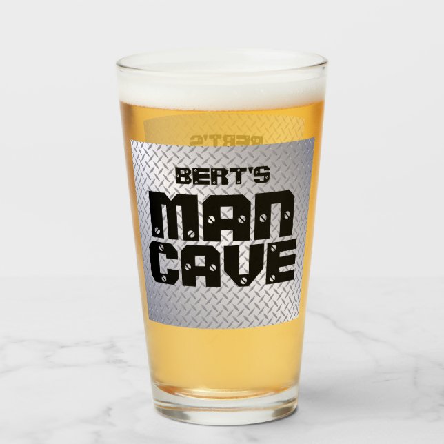 Personalized Man Cave Diamondplate Beer Glass (Front Filled)