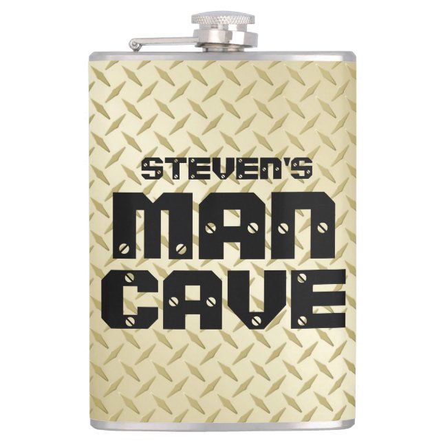 Personalized Man Cave Flask with Gold Tread Plate (Front)