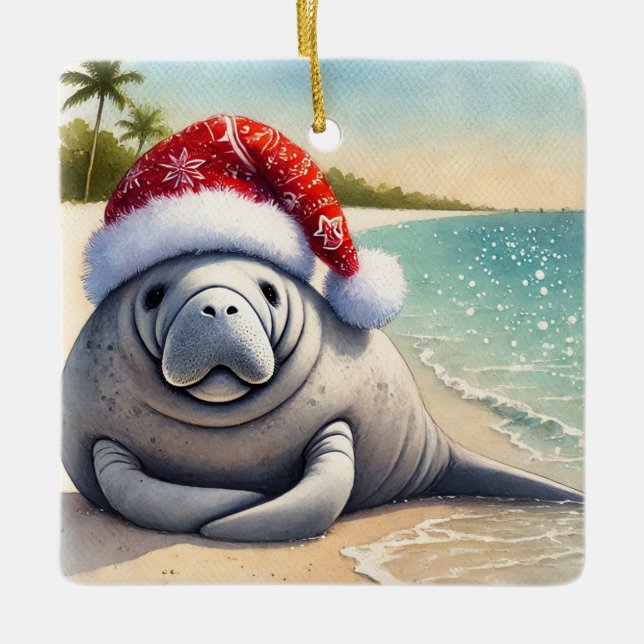Personalized Manatee at Christmas  Ceramic Ornament (Front)
