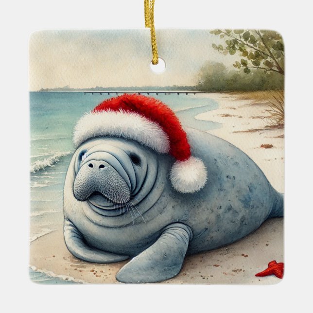 Personalized Manatee with Santa Hat Ceramic Ornament (Front)