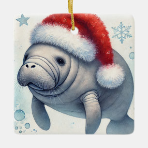 Personalized Manatee with Santa Hat Ceramic Ornament