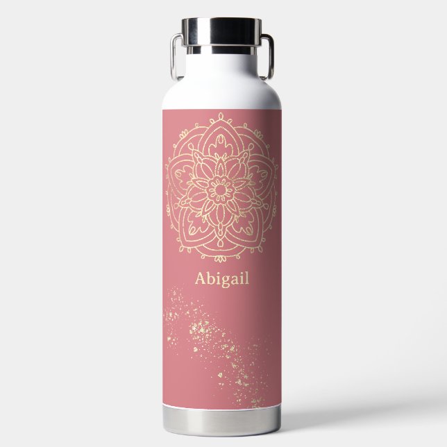 Personalized Mandala Rose Pink Gold Meditation Water Bottle (Front)