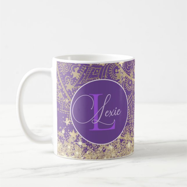 Personalized Mandala with Gold Stars Monogram Coffee Mug (Left)