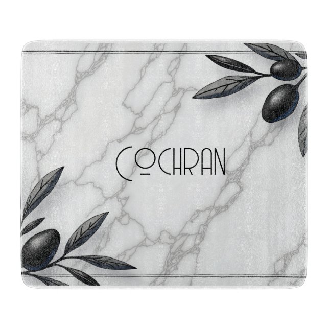 Personalized Marble and Olive Glass Cutting Board (Front)