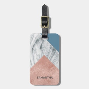Personalized Marble Faux Rose Gold Blue Luggage Tag