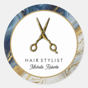 Personalized Marble Gold Scissors Hair Salon Classic Round Sticker