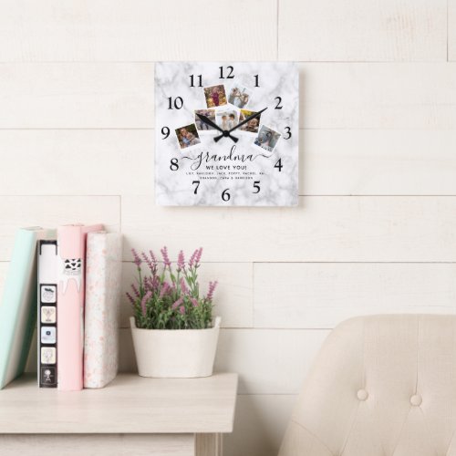 Personalized Marble Grandma Photo Collage Family Square Wall Clock
