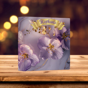 Personalized Marble Lavender Flower with Gold 3 Ring Binder