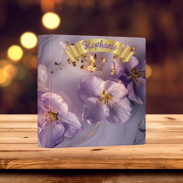 Personalized Marble Lavender Flower with Gold 3 Ring Binder (Personalized Marble Lavender Flower with Gold 3 Ring Binder)
