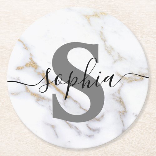 Personalized Marble Monogram Custom Text Modern Round Paper Coaster