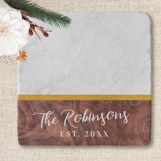 Personalized Marble Wood Last Name Est Date Stone Trivet (Personalized Stone Trivet | Marble Wood Gold Custom Last Name Est Established Date Wedding Date Gift)