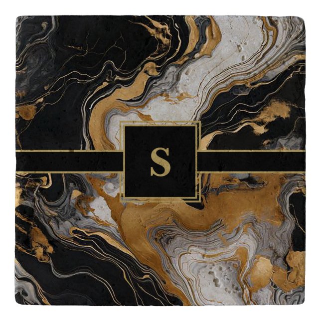 Personalized Marbleized Elegant Black Gold Trivet (Front)