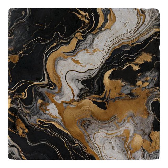 Personalized Marbleized Elegant Black Gold Trivet (Front)